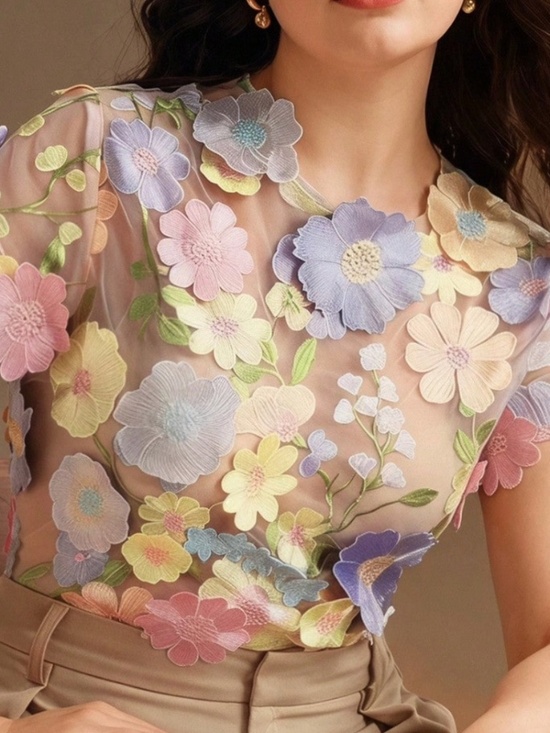 Tops - Classic Floral Applique Semi Sheer Short Sleeve Blouse